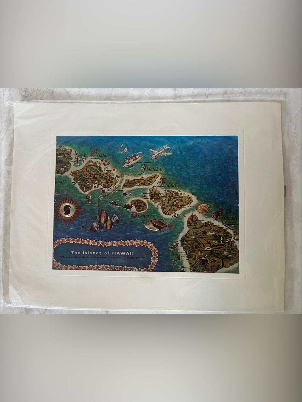 The Islands of Hawaii Illustrated Art Metal Etching in Blue and Green